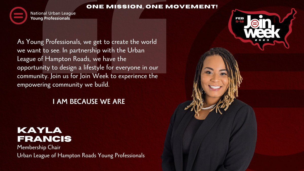 UrbanLeagueHR's tweet image. Meet Kayla Francis, Membership Chair of the Urban League of Hampton Roads Young Professionals at #JoinWeek and experience the empowering community of young professionals that we have built.  Register here: ypulhr.eventbrite.com #OneMissionOneMovement #IAmBecauseWeAre