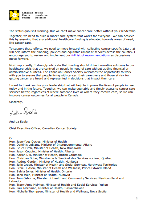 Yesterday, CEO <a href="/AndreaSeale/">Andrea Seale</a> sent an open letter to <a href="/JustinTrudeau/">Justin Trudeau</a> and premiers to ensure that cancer care is a priority ahead of their meeting in Ottawa today. If we want to save and improve lives, the time to act is now.
