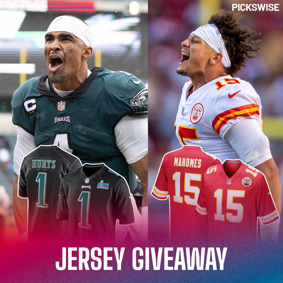 🚨 HURTS & MAHOMES JERSEY GIVEAWAY 🚨 To get ready for Super Bowl 57 we're giving away jerseys for BOTH Mahomes & Hurts and all you have to do is... - Follow us - RT & Like this - Reply with who covers (PHI -1.5 or KC +1.5) GOOD LUCK 😎