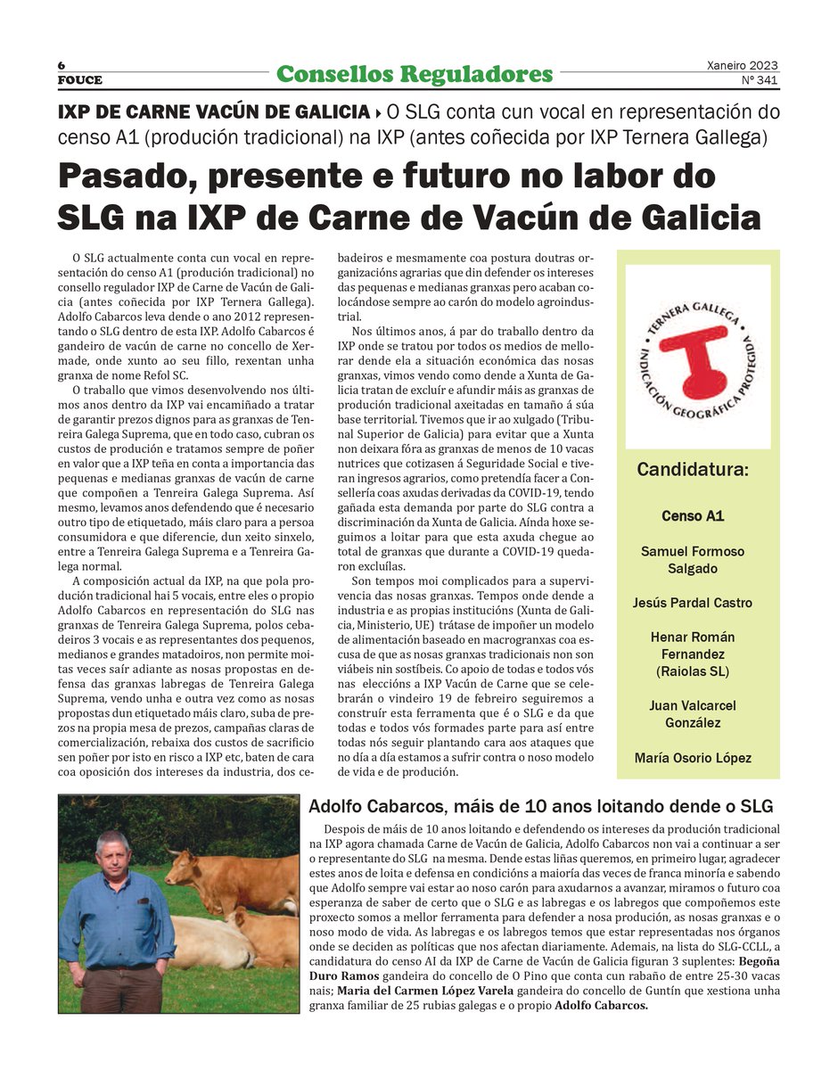 SLG_labregxs's tweet photo. 🗞️Está chegando ás vosas casas o primeiro #Fouce deste 2023. Trátase dun especial dedicado aos #ConsellosReguladores onde entrevistamos a varias das persoas que encabezan as listas nas que presentamos candidatura, como é o caso da IXP #VacúndeGalicia.
🗳️Este #19F, vota #SLG! https://t.co/IiCaO2UCcV
