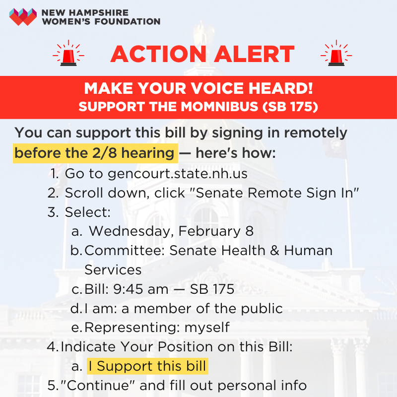 TOMORROW 2/8, #NHSenate will hear #SB175: MOMnibus, which will support expanded access to maternal health supports for equitable, dignified &amp; healthy pregnancies &amp; postpartum health. 

NHWF supports MOMnibus—you can, too—sign in to SUPPORT:

#NHPolitics #MOMnibus #MOMnibusNH