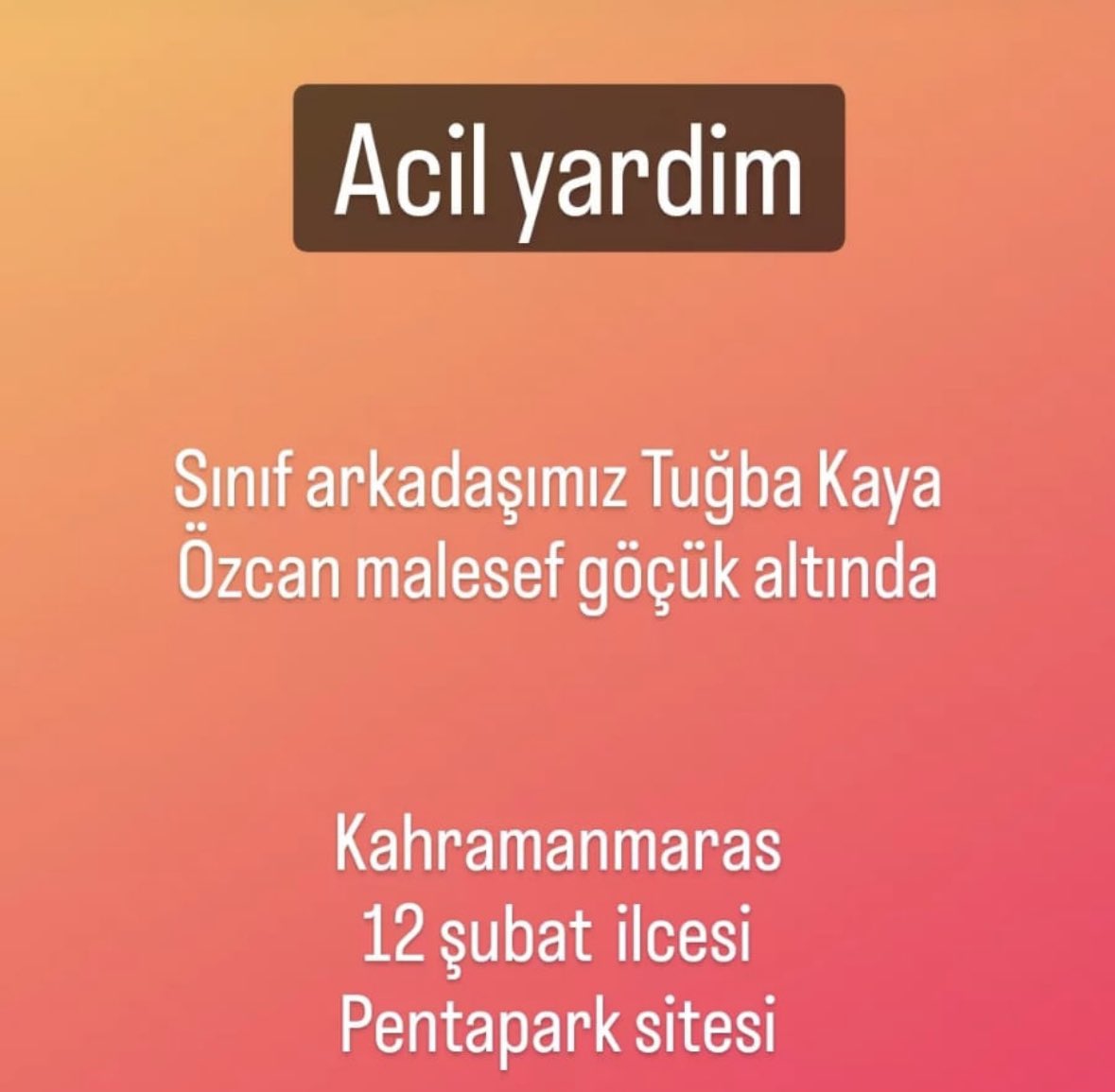 Bolgede bulunan doktor arkadaslarimiz meslektasimiz sinif arkadasimiz gocuk altinda hala ulasan olmamis.hizlica bolgede olanlara iletebilirsek😞😞🙏🙏🙏<a href="/tibbiyelisozluk/">Tıbbiyeli Sözlük</a> @drtugbanaz @tutituti3T <a href="/AFADBaskanlik/">AFAD</a>