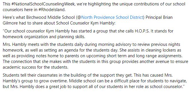 This #NationalSchoolCounselingWeek, we’re highlighting the unique contributions of our school counselors here in #RhodeIsland. 

Here's what Birchwood MS (@npschoolsri) Principal Brian Gilmore shared about school counselor Kym Hambly:

@joegoho @NPAsstSupt #npsdpride #RISCW23