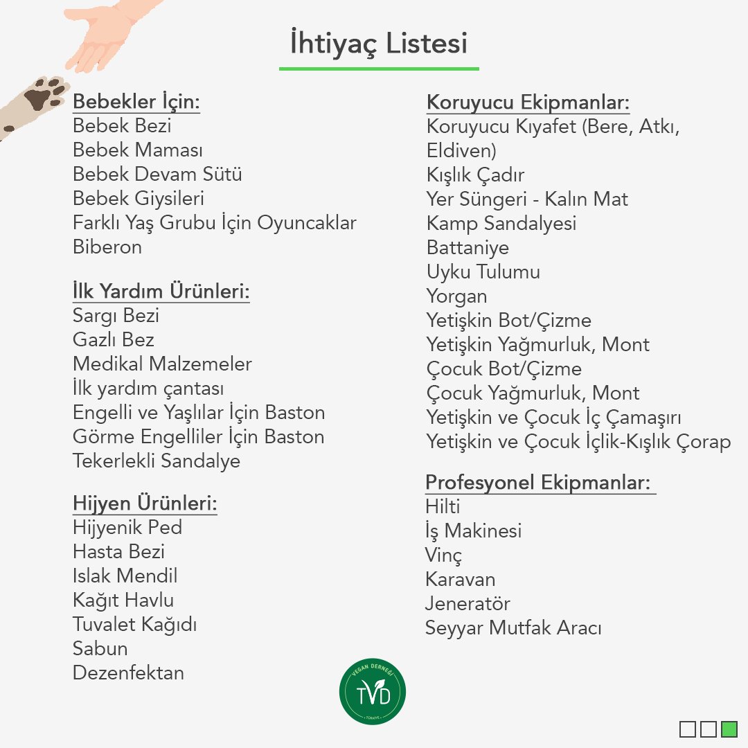 Vegan Derneği Türkiye olarak "Yaşam İçin Birlikteyiz" Dayanışma Kampanyası başlatıyoruz. #Deprem bölgelerine göndereceğimiz yardımlar için sizin de desteklerinizi bekliyoruz. 🙏 8 Şubat Salı günü 09:00 - 21:00 saatleri arasında 4.Levent’teki Vegan Derneği ofisindeyiz. 👇