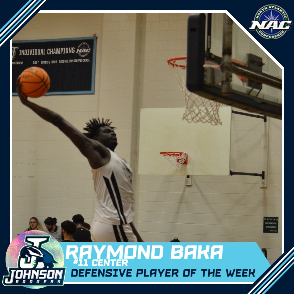 NAC Defensive Players of the Week - Raymond Baka  

Northern Vermont-Johnson first year Raymond Baka hauled down 11 defensive rebounds while charting three blocked shots and two steals in the Badgers’ 88-85 win over SUNY Canton 

#GOBADGERS