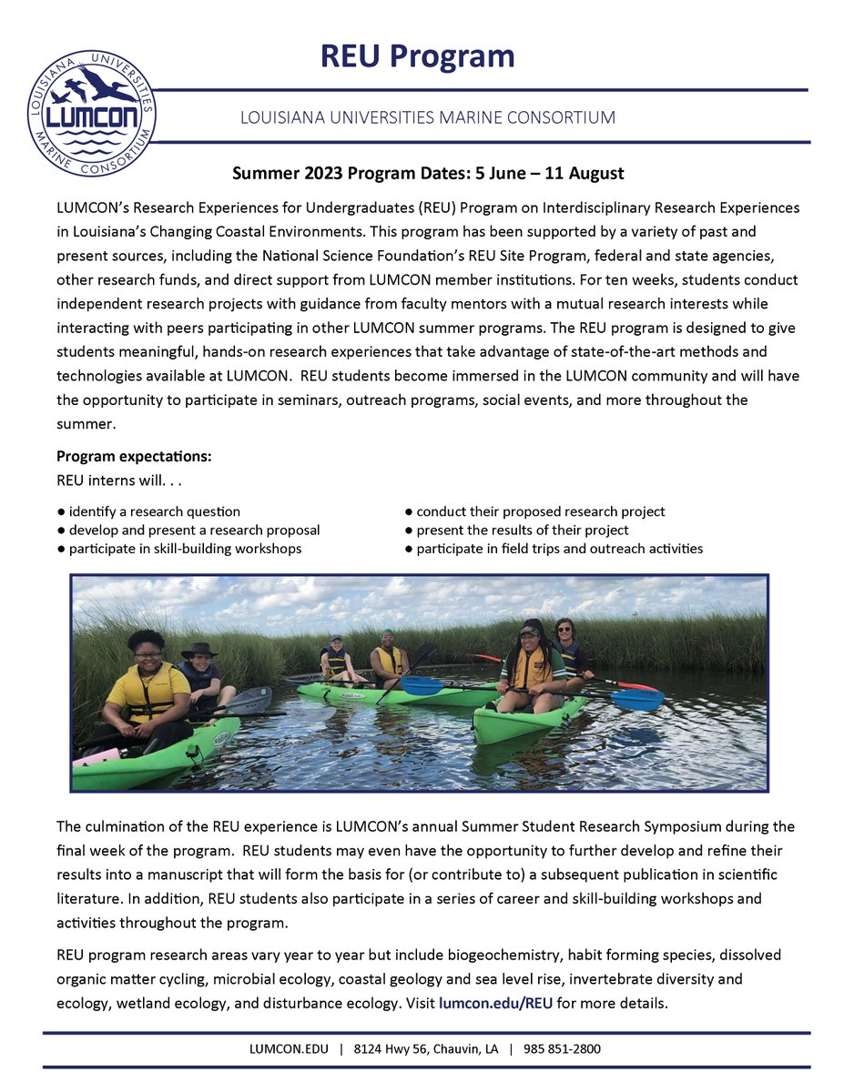 BRobertsLab's tweet photo. Looking for a unique and inspiring summer research experience?  LUMCON's Summer 2023 REU site program application deadline is Feb 25th! Come join in coastal Louisiana this summer!  Visit https://t.co/hJF5p388Ev for more information.
@LUMCONscience https://t.co/3OtTynkhsh