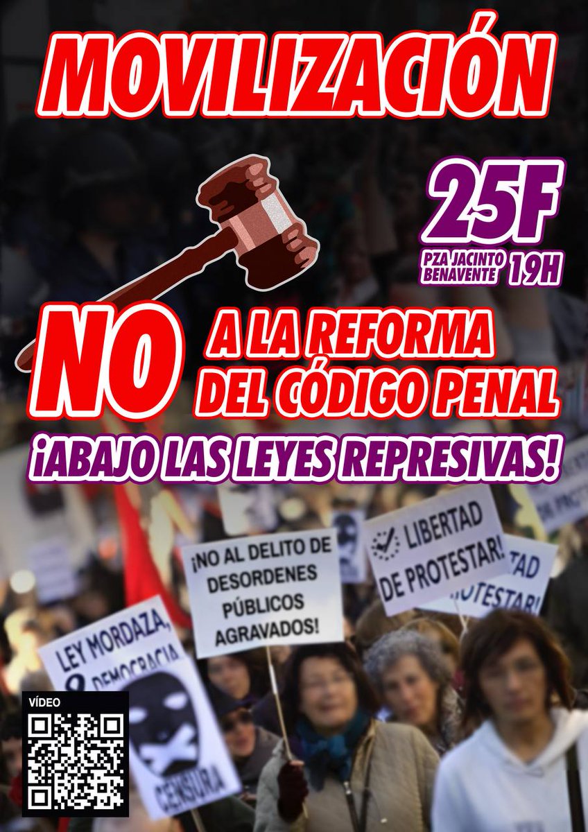 cgtzonasur's tweet photo. MANIFESTACIÓN | Contra la Criminalización de la Protesta
#PrisionPorProtestar
🗓 25F
🕖 19h.
📌 Plz. Jacinto Benavente #Madrid
No a la reforma del #CódigoPenal
¡Abajo las leyes represivas!
📹 Vídeo 👇
https://t.co/bboSt5St1W https://t.co/ceojoTTLsO