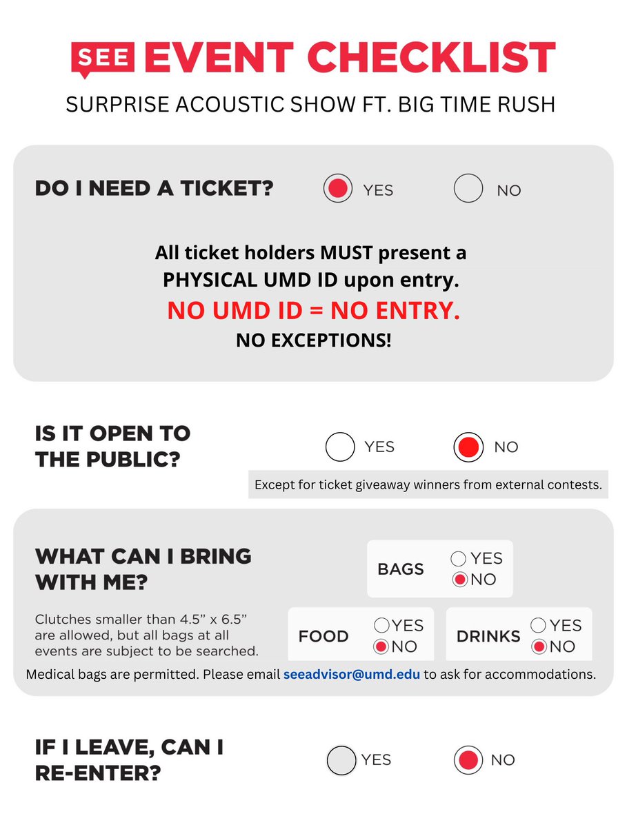 SEE_UMD's tweet photo. 🚨To those attending tonight’s Acoustic Concert ft. Big Time Rush, PLEASE make sure you follow our event guidelines as seen on this checklist! All UMD ticket holders must have a PHYSICAL UMD ID in order to enter the venue.🚨 #UniversityOfMaryland #ThisIsSEE #SEEUMD https://t.co/tSRVlPOe0F