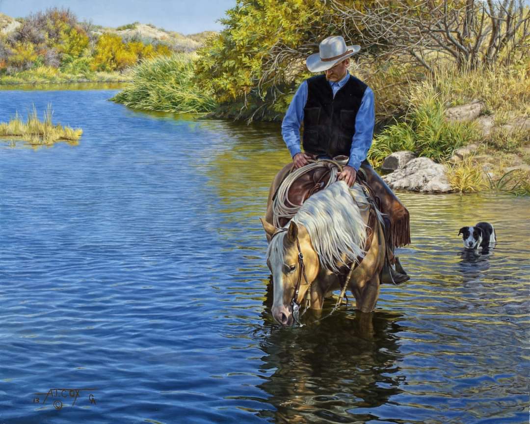 'Peaceful Waters' by Tim Cox

#PeacefulWaters #Palomino #AmericanQuarterHorse #WhereRichesLie #cowboy #ridinghorses #TimCoxFineArt #bordercollie #oilpainting #westerndecor #dog #water #cowboyartist #westernartist