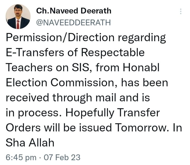 EduPediaPunjab's tweet photo. Permission/Direction regarding E-Transfers of Respectable Teachers on SIS, from Honabl Election Commission, has been received through mail and is in process. Hopefully Transfer Orders will be issued Tomorrow. In Sha Allah https://t.co/G9blmgzM6l