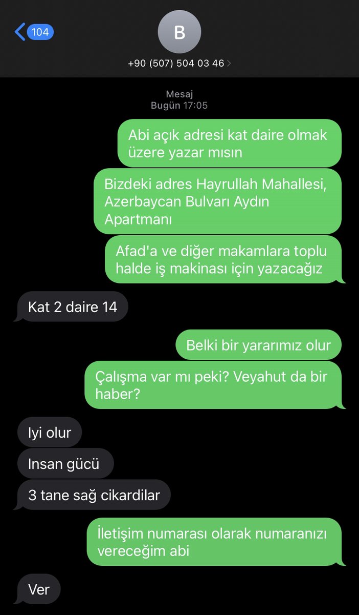 Kahramanmaraş, Hayrullah Mah. Azerbaycan Blv. Aydın Apartmanı Kat 2 Daire 14

Bekir Tündü
Mustafa Tündü
Ali Rıza Tündü
Rabia Tündü

Babaları enkaz bölgesinde iletişim: +90 (507) 504 03 46

37 saattir hiç bir iş makinası gelmiyor.
<a href="/BabalaTv/">BaBaLa TV</a> <a href="/haluklevent/">Haluk Levent ( Ahbap Ekibi )</a> <a href="/AFADKMaras/">AFAD Kahramanmaraş</a>
 #deprem #acil
