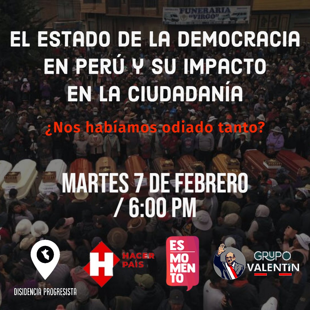 progresistas_pe's tweet photo. Hoy a las 6pm tendremos un space conjunto con @EsMomento_pe, @HacerPaisPeru y @Grupo_Valentin para hablar sobre el estado de la democracia en el país, la proliferación de los discursos de odio y el respeto a los DDHH. Nos vemos en unas horas. https://t.co/8zvk3zPYJi