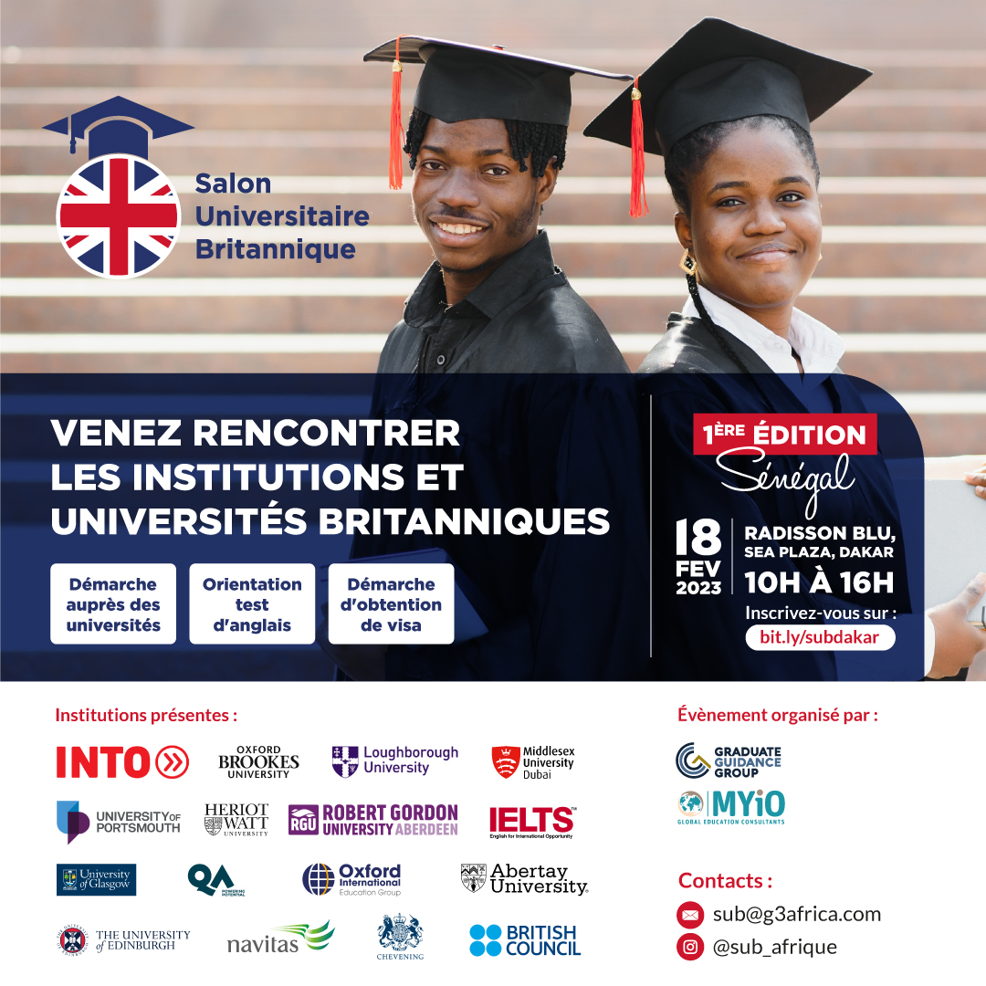 Vous voulez poursuivre vos études au Royaume-Uni 🇬🇧? 

La 1ère édition du Salon Universitaire Britannique aura lieu ce Sam 18 Fév au Radisson Blu Sea Plaza. Venez nombreux échanger avec les représentants de plusieurs universités 🇬🇧. 

Register here 👉bit.ly/subdakar