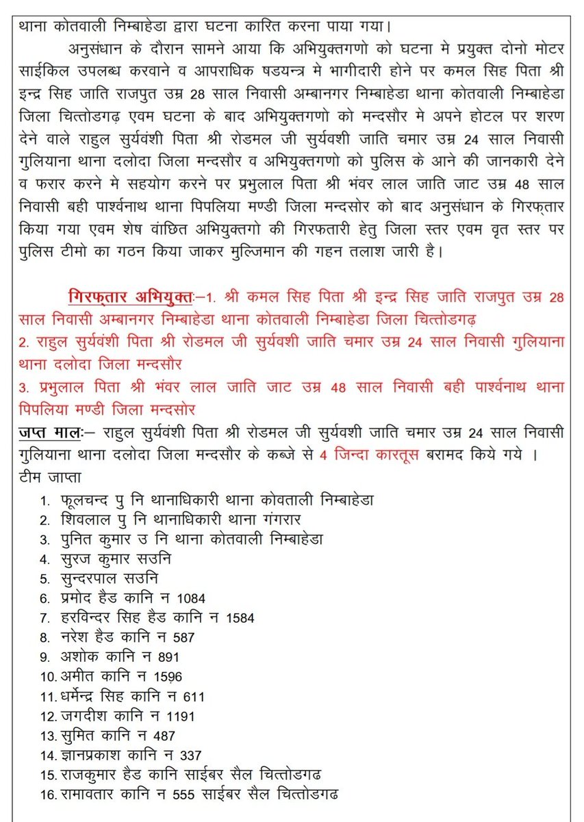 ChghPolice's tweet photo. #चितौड़गढ़ दिनाक 02.02.2023 को कस्बा निम्बाहेडा मे विकास उर्फ बन्टी आजना की हत्या का खुलासा कर अभियुक्तगणो की सहायता व शरण देने वाले 3 अभियुक्त गिरफ्तार कर 4 जिन्दा कारतूस बरामद व घटना कारित करने वाले चारो अभियुक्त नामजद।* @PoliceRajasthan
@IgpUdaipur https://t.co/LQ5FZu0xY2
