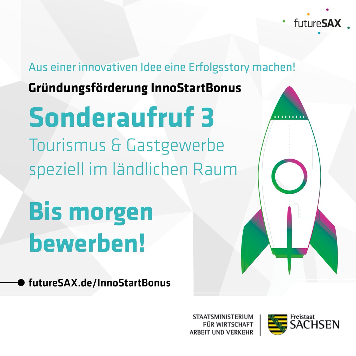 futureSAX's tweet photo. ⏰Nur noch bis morgen haben Sie Zeit, Ihre Bewerbung für den Sonderaufruf 3 des #InnoStartBonus🚀 abzusenden!
➡️Das Bewerbungsformular, alle Infos und Erfolgsgeschichten der #Gründungsförderung hier: https://t.co/XPIb1uP8XS
#InnovationmadeinSaxony https://t.co/ak194FHrt5