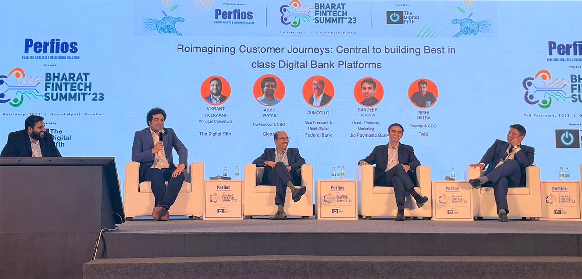 TeamSignzy's tweet photo. We thank eminent speakers from the panel &amp; the moderator, Rishi Batra, Sumoth C, Sandeep Arora, Arpit Ratan &amp; Vikrant Kulkarni from the panel for an insightful session on how #banks can take an approach to reimagine the customer journey at Bharat #fintech Summit 2023. https://t.co/8kMyXhW19W