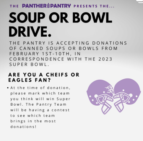 UNI_SWS's tweet photo. Repost: @panther_pantry  

Panther Pantry is hosting a Soup or Bowl drive, in correspondence with 2023 Super Bowl! We are looking for donations of canned soups and bowls for the chilly months a head! Swipe to see how you can donate💜💛 https://t.co/lCFu6xwpfb