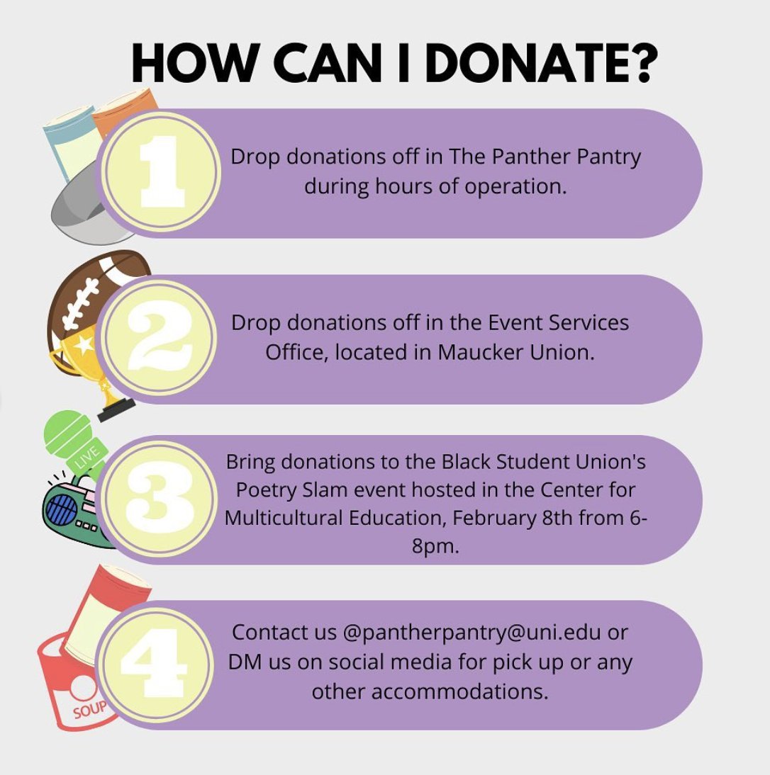 Repost: <a href="/panther_pantry/">Panther Pantry</a>  

Panther Pantry is hosting a Soup or Bowl drive, in correspondence with 2023 Super Bowl! We are looking for donations of canned soups and bowls for the chilly months a head! Swipe to see how you can donate💜💛
