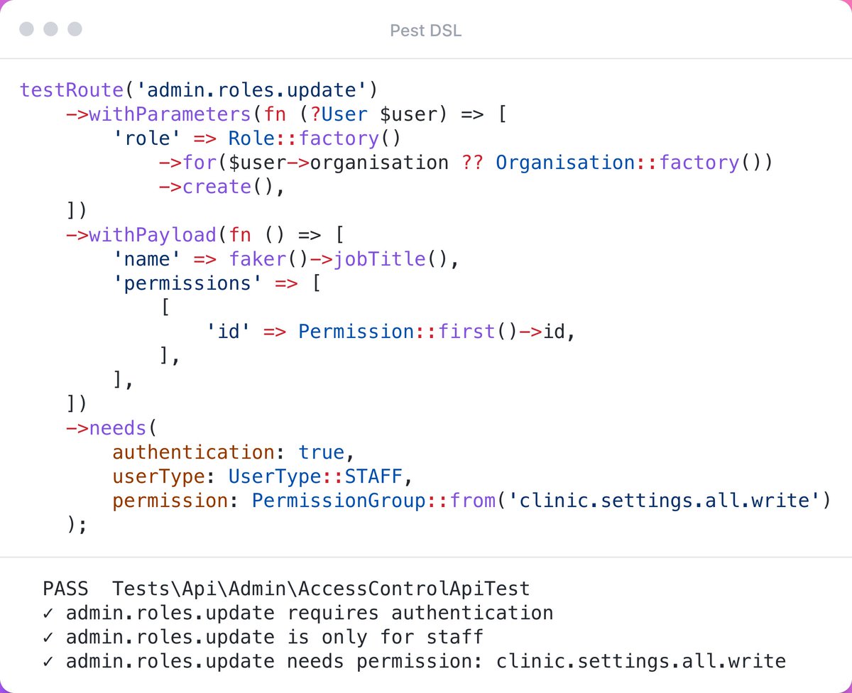 davecalnan's tweet photo. @LukeDowning19 @nedwors @pestphp Here's my implementation of this. I also added a "meta" test to confirm every API route in the app is tested with this helper. I found a few I missed and a couple of things I had missed.

This is amazing thank you @LukeDowning19 @nedwors! https://t.co/9sKVJkEzGF