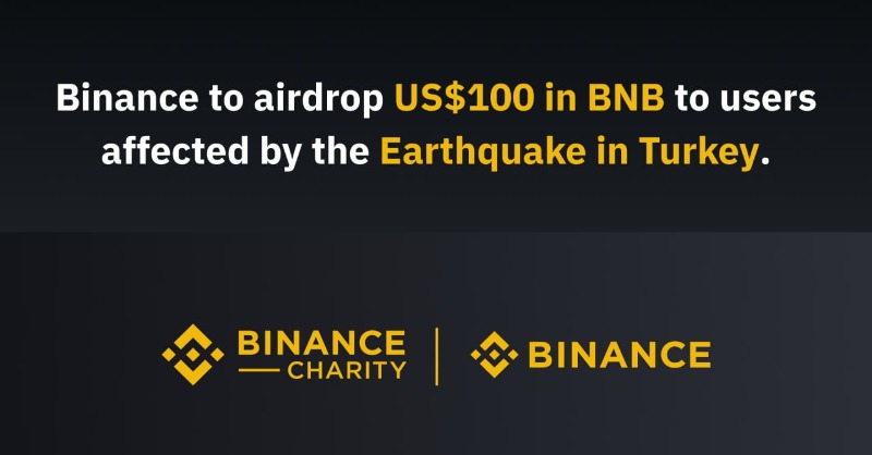 binance's tweet photo. #Binance will be donating $100 in $BNB to each of the users affected by the recent earthquake in Turkey.

Read more ⬇️