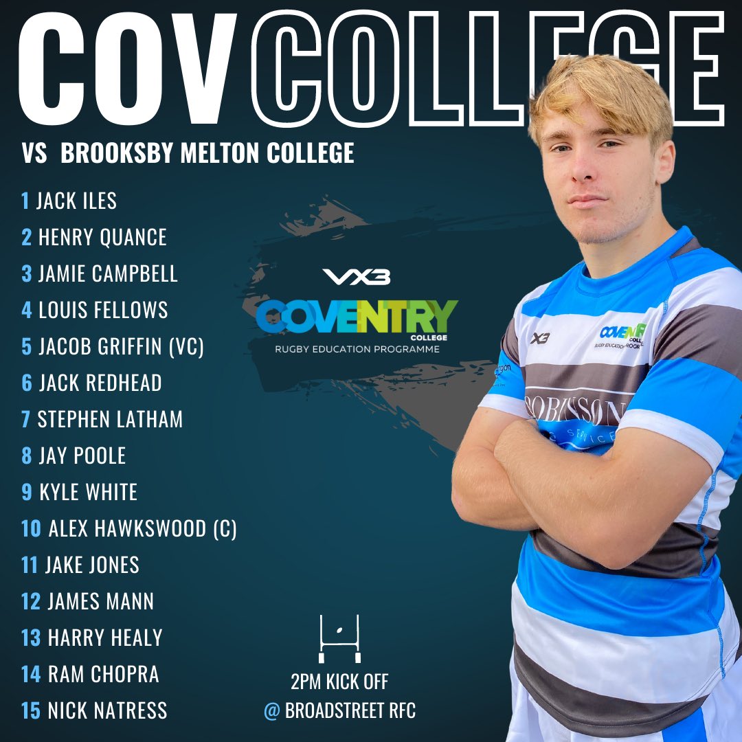 CovCollegeRugby's tweet photo. 🚨Squads Announced🚨two squads in action tomorrow @BrooksbyTigers &amp; @PrincethorpeCol 2pm KO @broadstreetrugby  #PlayerPathway #TheJourney https://t.co/Ot8Ko9Q23C