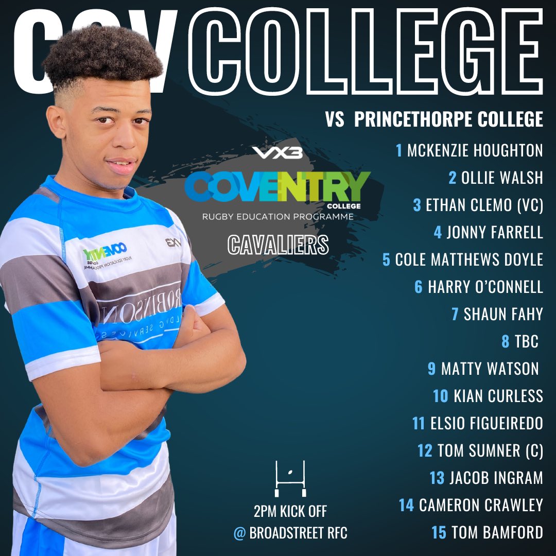 CovCollegeRugby's tweet photo. 🚨Squads Announced🚨two squads in action tomorrow @BrooksbyTigers &amp; @PrincethorpeCol 2pm KO @broadstreetrugby  #PlayerPathway #TheJourney https://t.co/Ot8Ko9Q23C