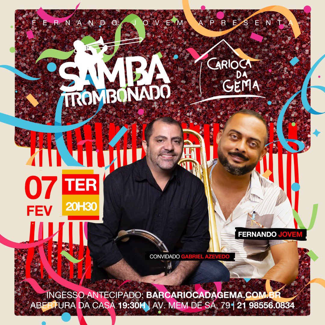 Alô Rio de Janeiro! Hoje nosso vocalista, Gabriel Azevedo faz uma participação mais que especial no Samba Trombonado, do querido Fernando Jovem. Será no Carioca da Gema a partir das 20hs. Só chegar e esquentar que o carnaval tá chegando. 💛♣️