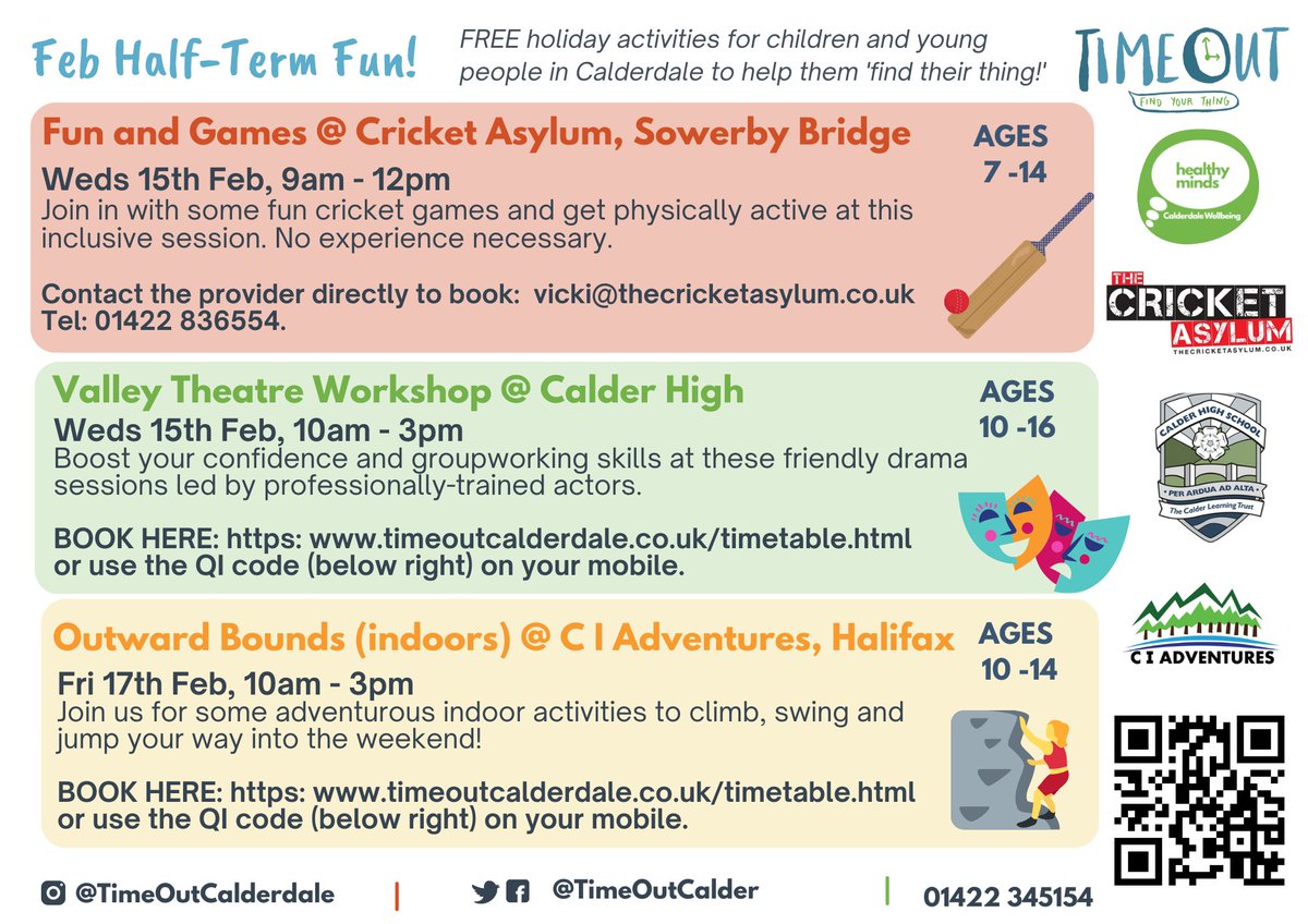 Half-term activities across #Calderdale are available now - and places are going quickly!

From archery to acting, there's something for everyone in our free programme of #februaryhalfterm holiday workshops for children and young people.

Book here: timeoutcalderdale.co.uk/timetable.html