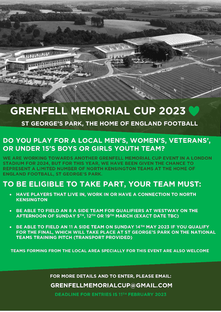 Deadline is this Friday 11th February for a chance to enter this years #Grenfell Memorial Cup at St George's Park. With the teams in the mix so far, it's going to be a close fight for a spot in the finals💚⚽️🏆