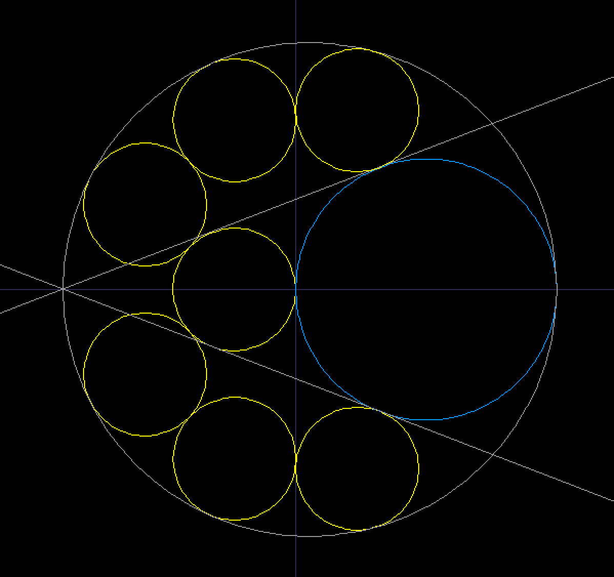 9 circles, 3 radii.  Fraction of Area inside yellow circles?

Yesterday's posting gave a bum steer.  Correct info: The blue circle radius > 2.0 * yellow circle radius.

The tangent lines intersect as shown at a point on the outer circle.

Only one yellow size packs 'em exactly.