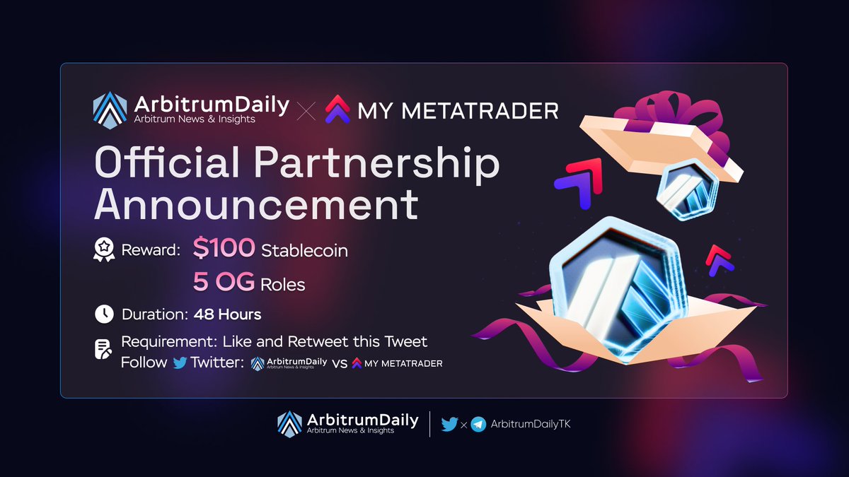 🔈 PARTNERSHIP ANNOUNCEMENT - GIVEAWAY EVENT

🎉 @ArbitrumDailyTK x <a href="/MyMetaTrader/">rmonad(mainnet)</a>
 
🚀$100 and 5 OG (mTrader) for 5 Random Participants 

To Enter:
1⃣Follow @ArbitrumDailyTK x <a href="/MyMetaTrader/">rmonad(mainnet)</a>
2⃣❤ and Retweet this post
3⃣👇 your 3 friends

⏰48Hrs

#Arbitrum #MyMetaTrader #Airdrop