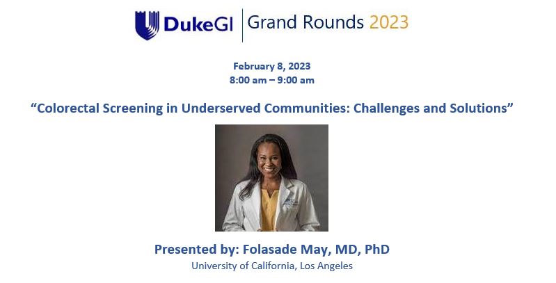 Join @duke_gi_ tomorrow for the 2nd week of our #BHM #GIGrandRounds series. We're honored that special guest @DrFolaMay @uclahealth @deptvetaffairs will present 'Colorectal Screening in Underserved Communities: Challenges and Solutions' @AmitPatelDukeMD @MatthewKappus