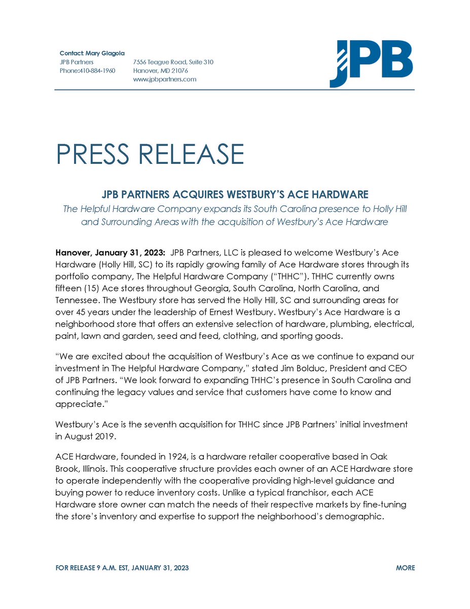 JPBPartners's tweet photo. @JPBPartners Acquires Westbury's Ace Hardware

#privateequity #realestate #familyoffice #marylandbusiness #southcarolina #acehardware #hardware #portfoliocompany https://t.co/AgSYMTBbvY