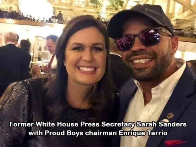 JoJoFromJerz's tweet image. Oh, by the way - here is Sarah Sanders and Proud Boy leader Enrique Tarrio.
Ya know, the guy charged with seditious conspiracy and stuff.