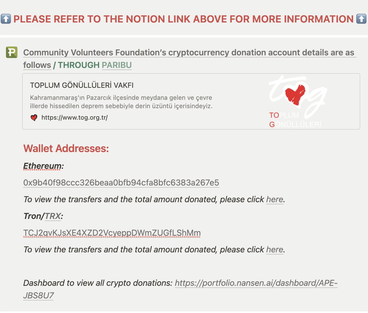 Below is a list of wallet addresses (updated real-time) of NGOs &amp; entities verified by government authorities.

<a href="/TurkeyReliefDAO/">TURKIYE Earthquake Relief DAO 🇹🇷</a> will share &amp; keep adding new wallets as they are verified.

Please refer to the link below for more info⬇️
turkeyrelief.notion.site/Turkey-Earthqu…