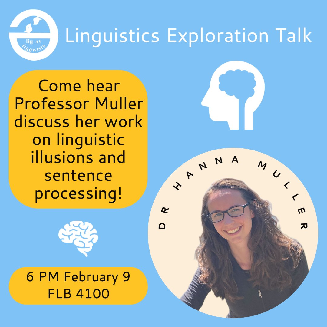 LOL_UIUC's tweet photo. Hi everyone!

Our first ling exploration of the Spring semester is this week, on Thursday, February 9, in FLB 4100!

Come to hear from Dr. Hanna Muller about her work on linguistic illusions and sentence processing! https://t.co/JVK0T3KSee