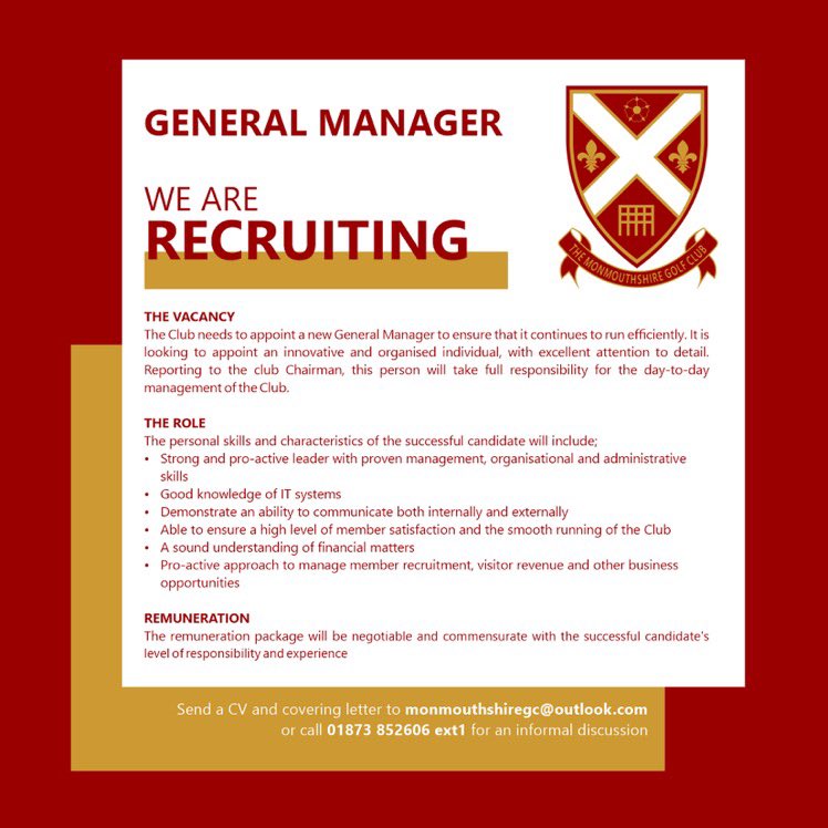 Fancy joining our team <a href="/MonmouthshireGC/">MonmouthshireGC</a>❓

We are currently recruiting for a new General Manager.

More details on the vacancy can be found👇🏼

tinyurl.com/27rpvavc

If you have any questions with regards to the role, please contact the office ⤵️

📞01873 852606 (ext 1)