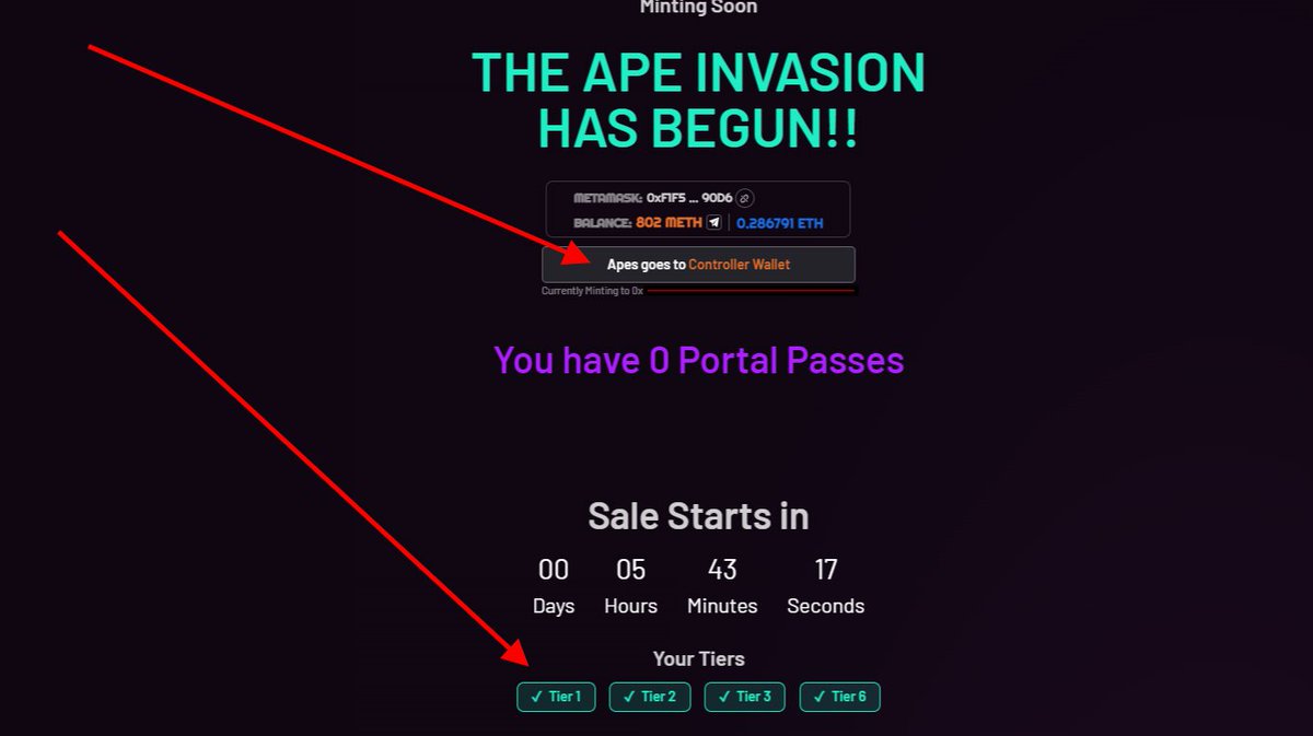 sweepwhale's tweet image. Quick updates:
- Unrevealed Apes visible in MyCollection

- Tier checker is on Portal/mint site with SafeClaim function. Click to switch view to see Tiers for Controller and Source separately. This also choses destination wallet for the Ape.

@bapdevs  @BullsApesProj  #BAPtech