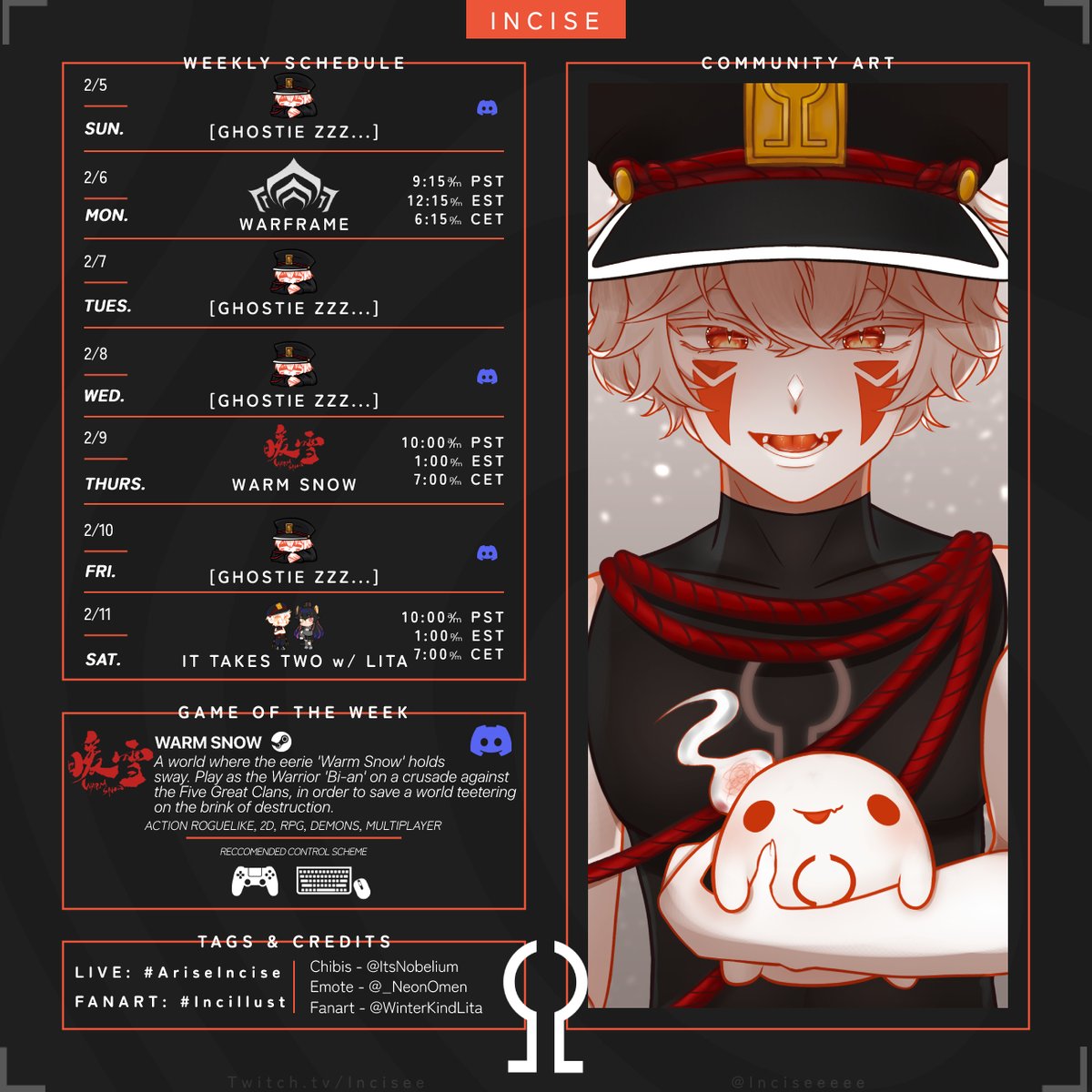 Inciseeeee's tweet photo. [Weekly Schedule + Tags]
Feb.  5th - Feb 11th

Art: #Incillust
Live: #AriseIncise
Community name: Wisps #WatchfulWisps

Really excited for GOTW this week! It's a hidden gem I found a few months ago and its AMAZING.  Other than that Lita and I continue our adventures Saturday~ https://t.co/Kfgh0tv4Eh