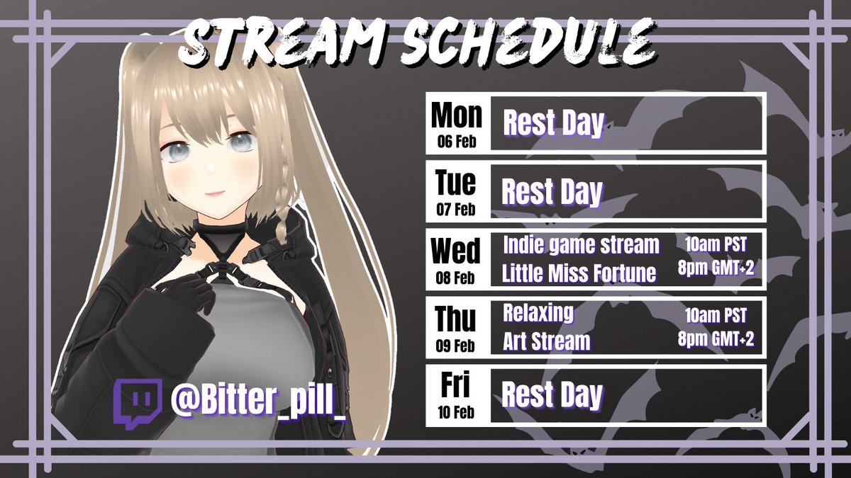 STREAM SCHEDULE FOR THE WEEK. 
☺️🌸 I would love to see you squids 🦑 there 😃.
Now you weirdos can see how chaotic my drawing process is 😳 
#twitchaffiliate #DigitalArtist #twitchstreamer #Vtuber