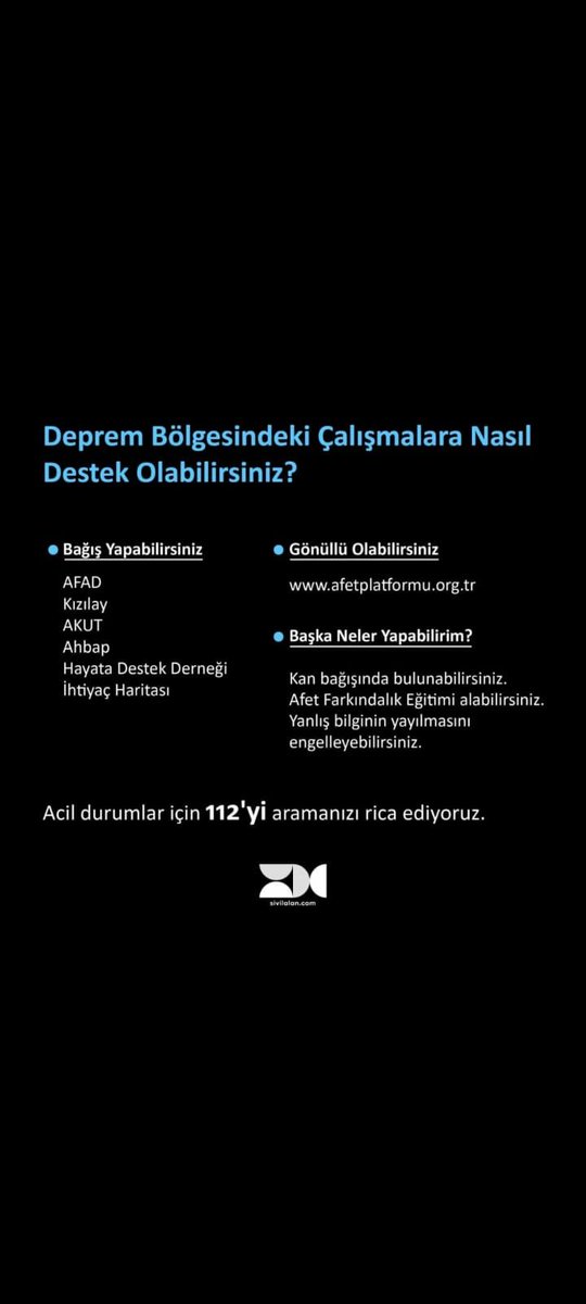 Depremden etkilenen bölgelerdeki vatandaşlarımıza <a href="/AFADBaskanlik/">AFAD</a> <a href="/Kizilay/">Türk Kızılay</a> <a href="/ahbap/">Ahbap</a> aracılığıyla yardımda bulunmak isteyenler bağış yapabilirler.