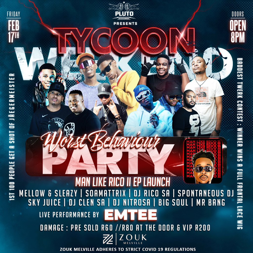 17th February <a href="/StonesMelville/">#ShakedownThursday</a> (Zouk Melville) join us for a Night of Fun 🤩 Tycoon Weekend JHB