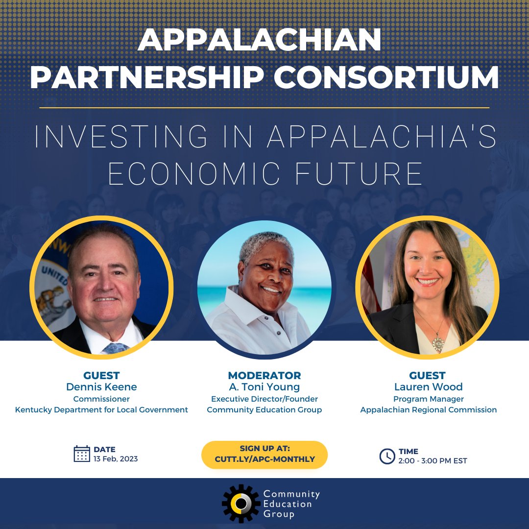 From the CEG: We look forward to seeing you all next Monday at 2 pm EST for February's Appalachian Partnership Consortium meeting. We will be discussing Appalachia's economic future with guests Commissioner Dennis Keene and Lauren Wood from the Appalachian Regional Commission