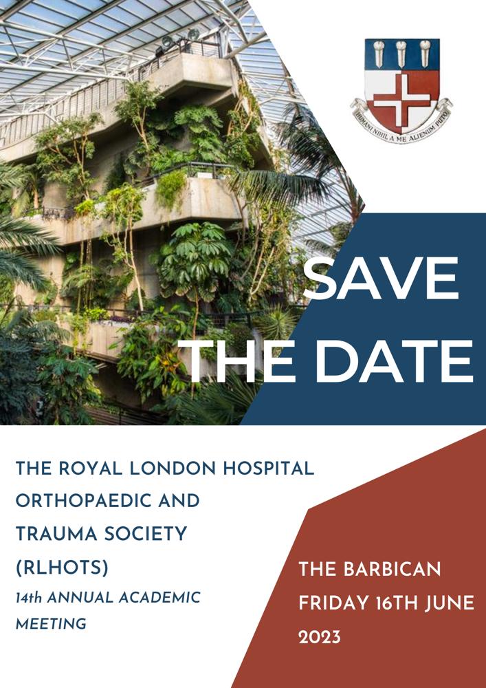 atkinson_kv's tweet image. 📌 Save the date! 📌
Friday 16th June 2023
Royal London Hospital Orthopaedic and Trauma Society Annual Meeting
🦴🛠🏥🌿
Dinner venue to be announced shortly!
@RoyalLondonOrth @RLHOTS @kashakhtar @BarbicanCentre @BartsBoneJoint
@RoyalLondonHosp
#orthotwitter #medtwitter