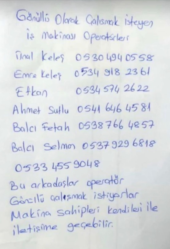 🚨 Gönüllü olarak çalışmak isteyen iş makinası operatörleri. İletişim:  
#Deprem