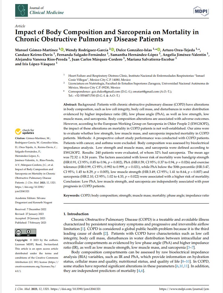 clic_cardioiner's tweet photo. 📌Un ángulo de fase bajo, la depleción muscular y la sarcopenia son factores de riesgo independientes para mortalidad en pacientes con EPOC.

🖥️Website: https://t.co/B3gRpuCrXy 

#JMC #MDPI #journalofclinicalmedicine #mdpijcm #bodycomposition #sarcopenia #COPD #phaseangle #iner https://t.co/HqqOpVk3oa