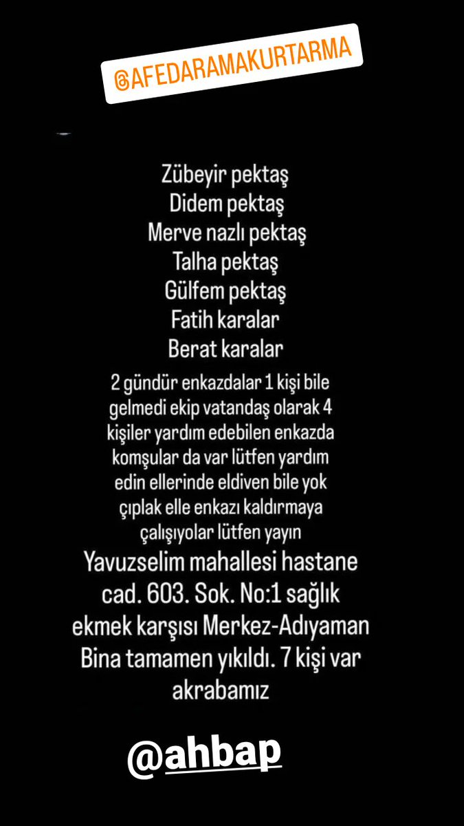 GamzeYenihan's tweet photo. Adıyaman'da Kuzenlerim enkaz altında . N'olursunuz yardım edin.
@timursoykan 
@muratagirel 
@halktvcomtr 
@ahbap https://t.co/nik0qT9hwN