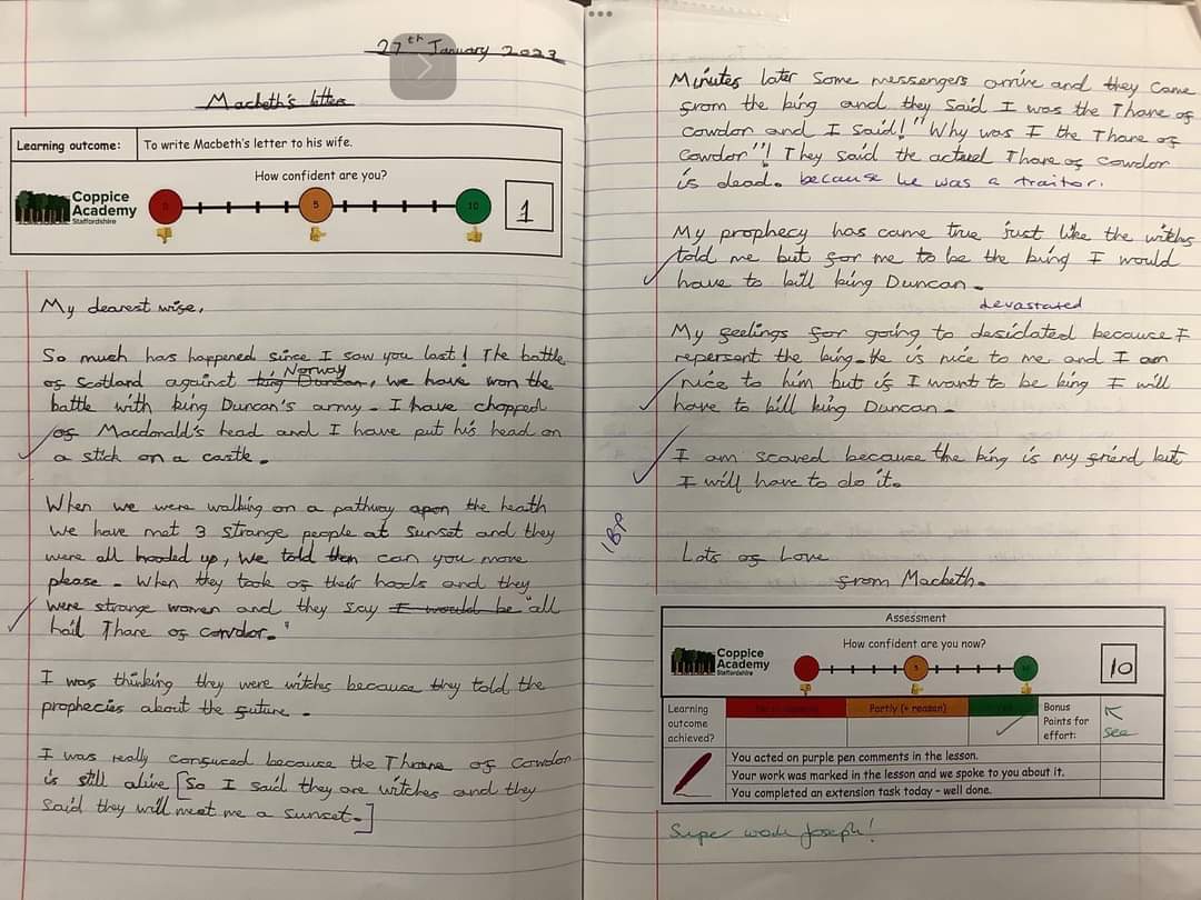CoppiceAcad's tweet photo. Focus on Macbeth: Students in Mrs Jones group wrote letters from Macbeth after his encounter with the weird sisters on the heath. https://t.co/3kEbEycdqd