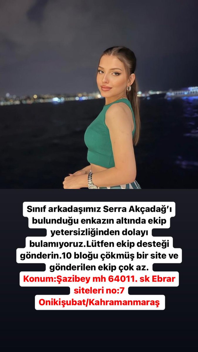 Arkadaşımız enkaz altında odasının görüldüğü ve SESİNİN duyulduğu söyleniyor ama ışık olmadığı için çalışmalar durdurulmuş. destek gönderelim LÜTFEN !! Kahramanmaraş on iki şubat / şazibey mahallesi 64011. Sokak  EBRAR sitesi Hünkar apartmanı No :7  #ebrarsitesi <a href="/haluklevent/">Haluk Levent ( Ahbap Ekibi )</a>