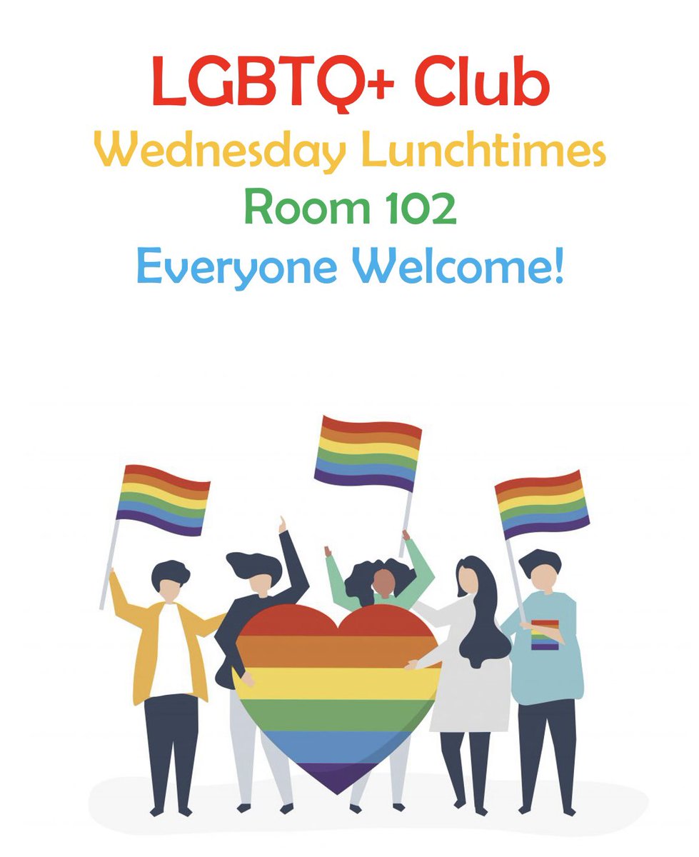 A reminder that LGBTQ+ club runs every Wednesday at lunchtime in room 102 in the English department. If you are LGBTQ+ or an ally, come along! 🏳️‍🌈🏳️‍⚧️⚧️